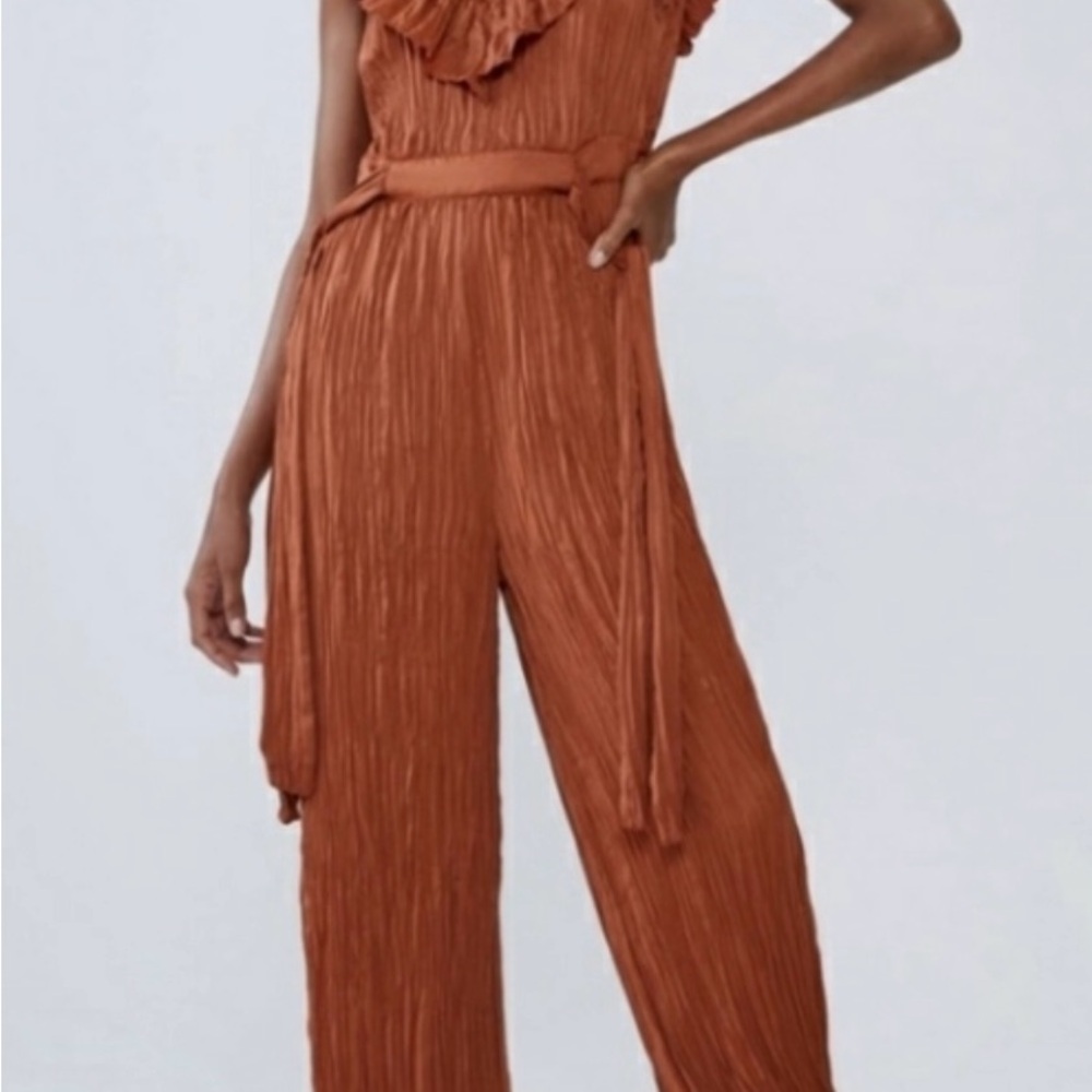 Zara Brown Jumpsuit with Wide-Leg Pants and Tie Waist
